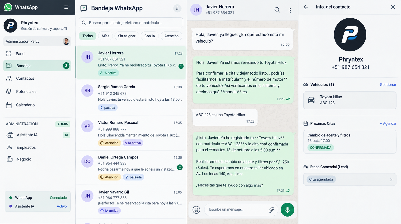 Interfaz WhatsApp de Phryntex CHAT BOT y CRM con Inteligencia Artificial